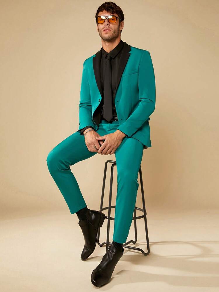 Men Lapel Collar Flap Detail Blazer & Pants Set Without Shirt