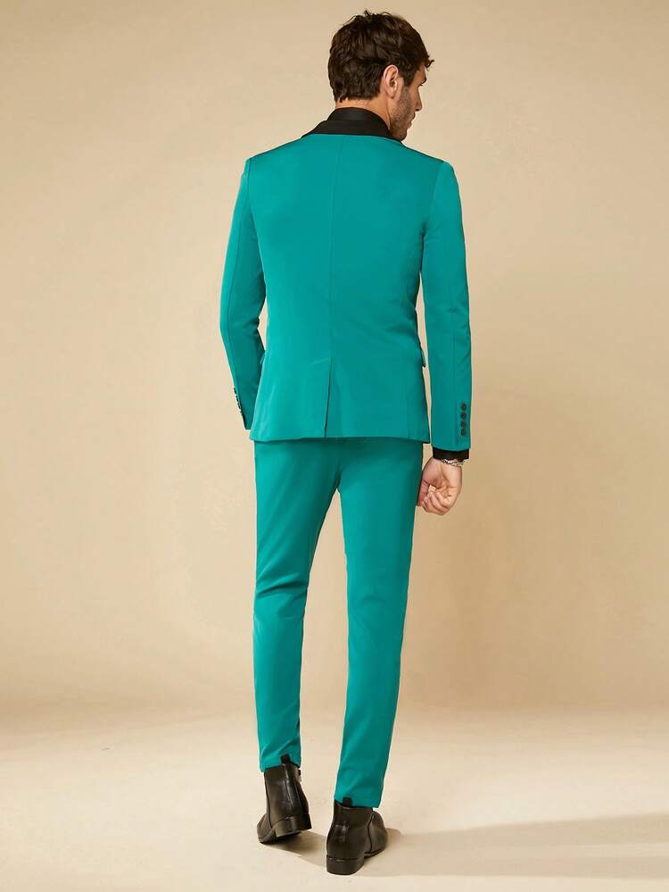 Men Lapel Collar Flap Detail Blazer & Pants Set Without Shirt