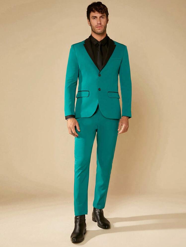 Men Lapel Collar Flap Detail Blazer & Pants Set Without Shirt