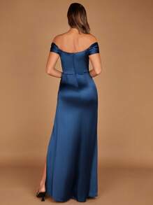 SHEIN Belle 露肩裹身下摆缎面伴娘礼服优雅正式晚会舞会婚礼宾客礼服，适合毕业典礼、晚宴派对礼服