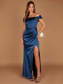 SHEIN Belle 露肩裹身下摆缎面伴娘礼服优雅正式晚会舞会婚礼宾客礼服，适合毕业典礼、晚宴派对礼服