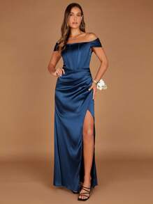 SHEIN Belle 露肩裹身下摆缎面伴娘礼服优雅正式晚会舞会婚礼宾客礼服，适合毕业典礼、晚宴派对礼服