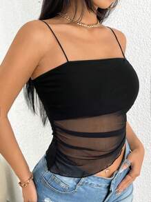 Glamine Charm Top de tirantes de malla en contraste fruncido - Negro - Ver 1