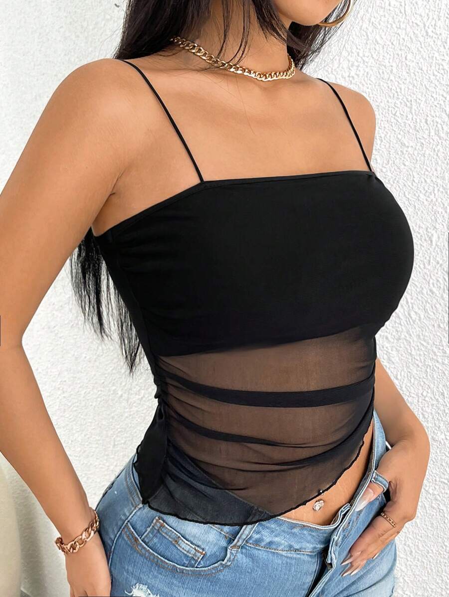 Glamine Charm Top de tirantes de malla en contraste fruncido - Negro - Ver 1