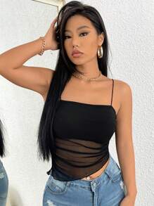 Glamine Charm Top de tirantes de malla en contraste fruncido - Negro - Ver 5