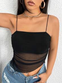 Glamine Charm Top de tirantes de malla en contraste fruncido - Negro - Ver 6