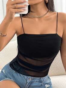 Glamine Charm Top de tirantes de malla en contraste fruncido - Negro - Ver 7