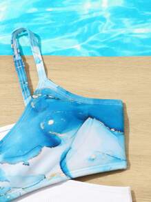 Conjunto de bikini envolvente con estampado de mármol para niña preadolescente, playa de verano - Multicolor - Ver 4