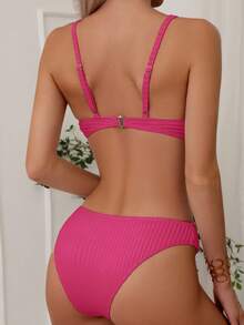 實心三角泳衣套裝 - 玫紅色 - 查看 2