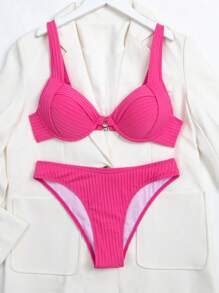 實心三角泳衣套裝 - 玫紅色 - 查看 5