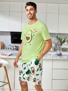 Men 1pc Avocado Print Sleep Tee & 1pc Sleep Shorts - Green - View 6