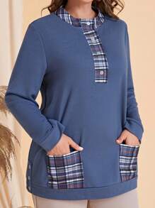 EMERY ROSE Plus Plaid Print Dual Pocket Sweatshirt - Dusty Blue - View 1