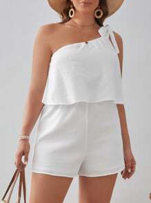 SHEIN VCAY 大碼單肩打結細節連身短褲 - 白色 - 查看 1