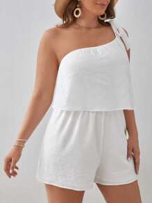 SHEIN VCAY 大碼單肩打結細節連身短褲 - 白色 - 查看 5