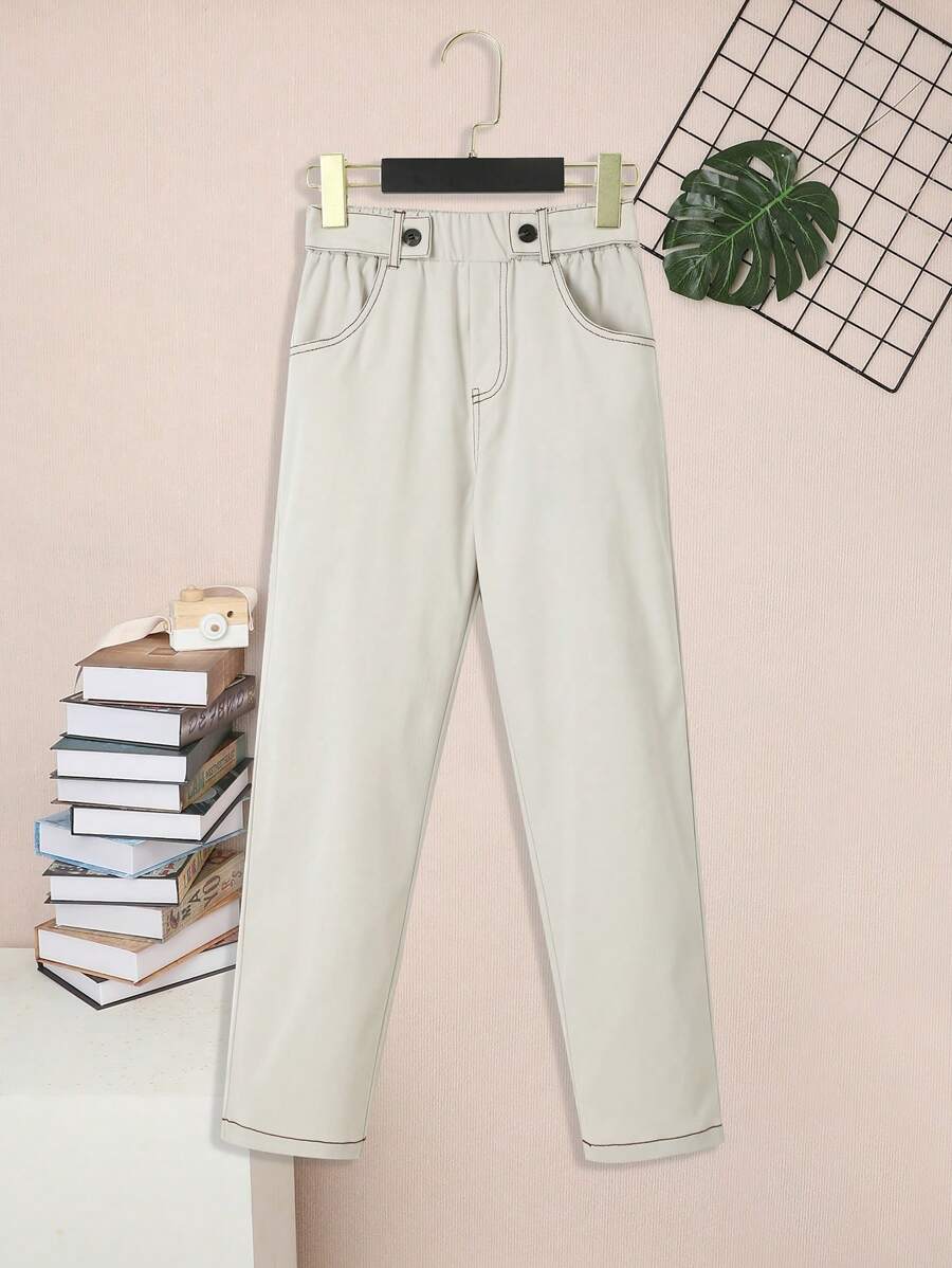 SHEIN Tween Boy Slant Pocket Straight Leg Trousers - Beige - View 1
