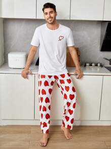 Men 1pc Heart Print Sleep Tee & 1pc Sleep Trousers - Multicolor - View 2