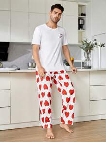 Men 1pc Heart Print Sleep Tee & 1pc Sleep Trousers - Multicolor - View 3