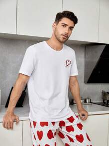 Men 1pc Heart Print Sleep Tee & 1pc Sleep Trousers - Multicolor - View 4