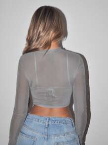 SHEIN ICON Top Corto De Malla Fruncido De Cuello Alto Con Perspectiva Sin Sujetador - Gris - Ver 2