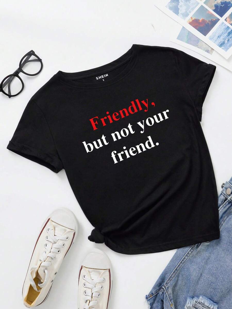 INAWLY 标语图案 T 恤很友好,但不是你的朋友 - 黑色 - 查看 1