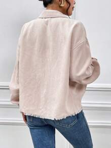 SHEIN Essnce 1入組落肩袖毛邊燈芯絨夾克 - 米色 - 查看 2