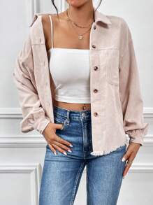 SHEIN Essnce 1入組落肩袖毛邊燈芯絨夾克 - 米色 - 查看 3