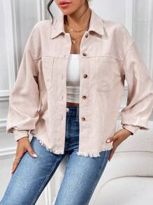 SHEIN Essnce 1入組落肩袖毛邊燈芯絨夾克 - 米色 - 查看 4