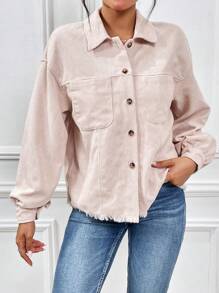 SHEIN Essnce 1入組落肩袖毛邊燈芯絨夾克 - 米色 - 查看 5