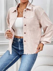 SHEIN Essnce 1入組落肩袖毛邊燈芯絨夾克 - 米色 - 查看 6