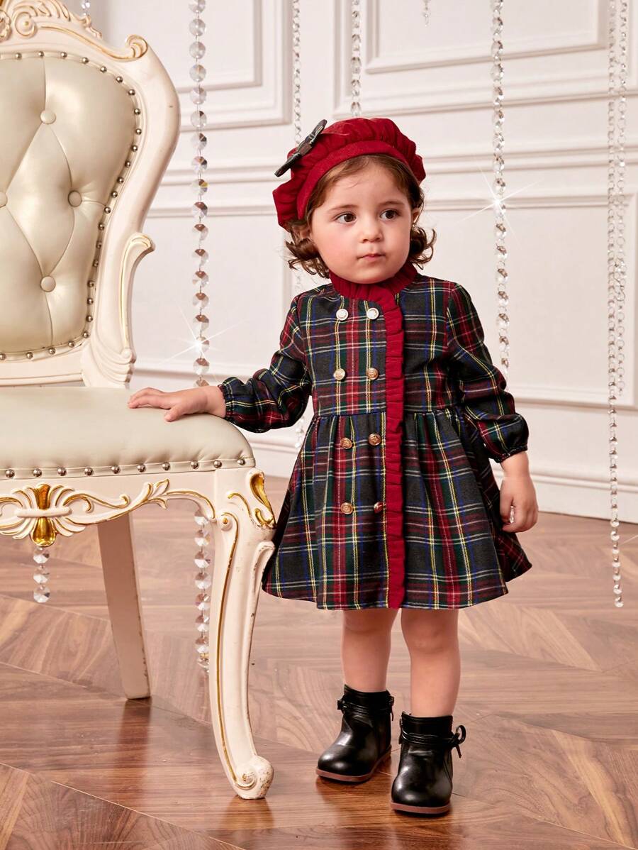 SHEIN 女嬰格子呢圖案褶邊洋裝附帽子 - 彩色 - 查看 1