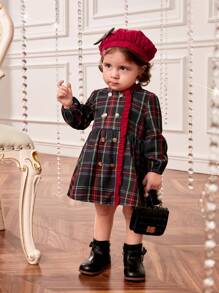 SHEIN 女嬰格子呢圖案褶邊洋裝附帽子 - 彩色 - 查看 4