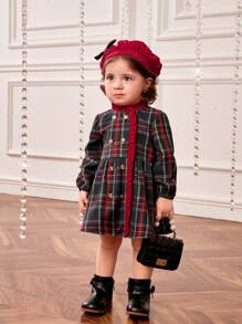 SHEIN 女嬰格子呢圖案褶邊洋裝附帽子 - 彩色 - 查看 5