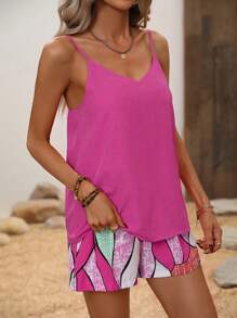 Breezaya Solid Cami Top & Graphic Print Shorts - Hot Pink - View 3