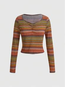 ROMWE Hippie Camiseta de rayas fruncido delantero - Multicolor - Ver 1