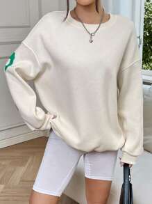 SHEIN EZwear 字母圖案落肩袖運動衫 - 杏色 - 查看 5