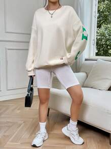 SHEIN EZwear 字母圖案落肩袖運動衫 - 杏色 - 查看 6