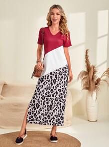 EMERY ROSE In hoa Báo Khối màu Tách đùi Đầm - Màu Đỏ Sâu - Xem 1