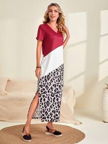 EMERY ROSE In hoa Báo Khối màu Tách đùi Đầm - Màu Đỏ Sâu - Xem 6