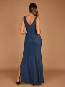 SHEIN Belle Wrap Hem Glitter Bridesmaid Dress - Navy Blue - View 2
