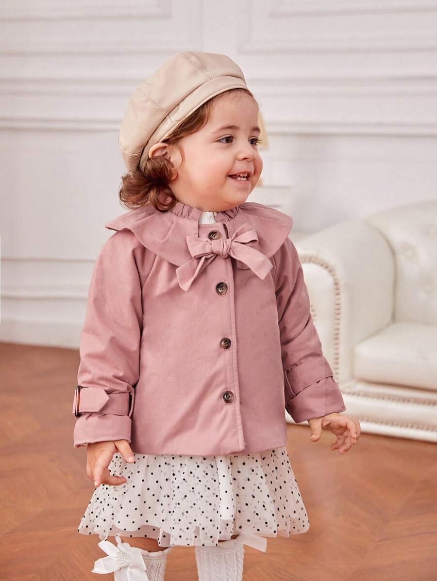 SHEIN Baby Girl Ruffle Trim Button Front Jacket - Dusty Pink - View 1