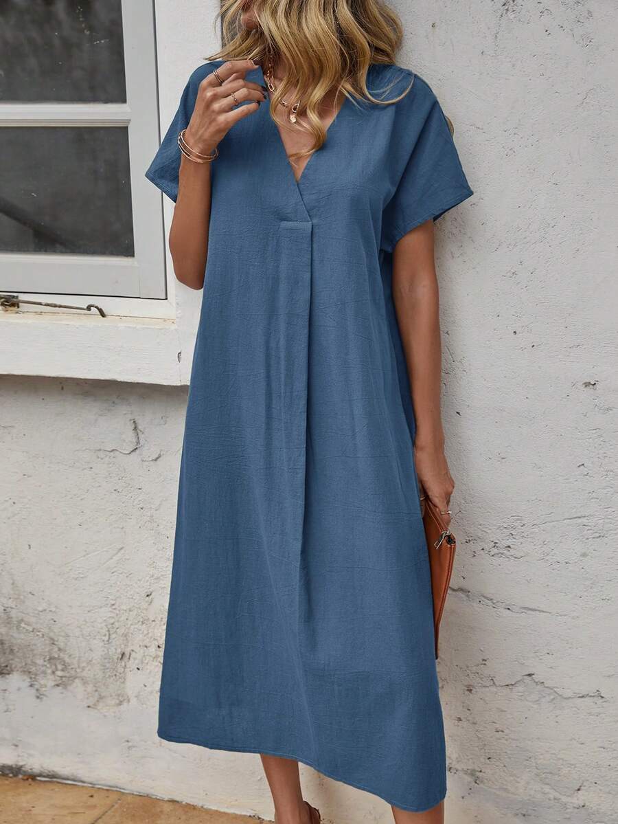 SHEIN LUNE Solid Batwing Sleeve Tunic Dress - Navy Blue - View 1