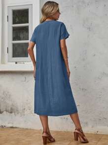 SHEIN LUNE Solid Batwing Sleeve Tunic Dress - Navy Blue - View 2