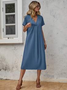 SHEIN LUNE Solid Batwing Sleeve Tunic Dress - Navy Blue - View 3