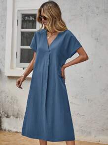 SHEIN LUNE Solid Batwing Sleeve Tunic Dress - Navy Blue - View 4