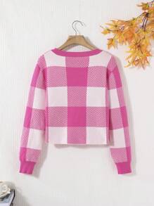 SHEIN 青少年女孩長袖V領提花雙色格子針織開襟衫套頭毛衣 - 粉色 - 查看 2