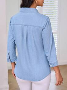 SHEIN Frenchy Ruched Button Front Denim Blouse Winter Casual - Light Wash - View 2