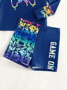 Conjunto de traje de baño informal con parte superior de manga larga con cuello redondo estampada y pantalones cortos para niño preadolescente