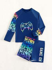 Conjunto de traje de baño informal con parte superior de manga larga con cuello redondo estampada y pantalones cortos para niño preadolescente