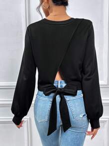 SHEIN Privé 素色後綁帶圍裹運動衫 - 黑色 - 查看 3