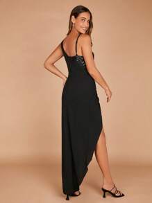 SHEIN Belle 不對稱領褶邊高衩亮片拼接洋裝